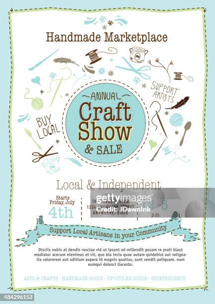 light blue craft show and sale poster design template - button sewing item stock illustrations