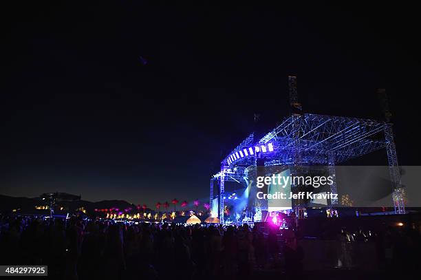 Music fans watch Broken Bells perform onstage during day 1 of the 2014 Coachella Valley Music & Arts Festival at the Empire Polo Club on April 11,...