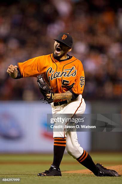 Sergio Romo of the San Francisco Giants celebrates after the game against the Colorado Rockies at AT&T Park on April 11, 2014 in San Francisco,...