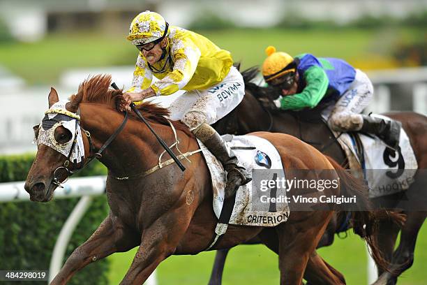 Hugh Bowman riding Criterion wins Race 6, the BMW Australian Derby during day one of The Championships at Royal Randwick Racecourse on April 12, 2014...