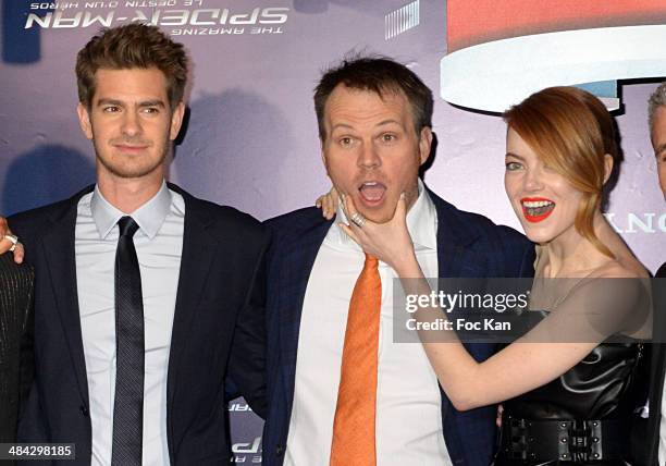 Andrew Garfield, Marc Webb and Emma Stone attend 'The Amazing Spider-Man 2' Paris Premiere at Le Grand Rex on April 11, 2014 in Paris, France.