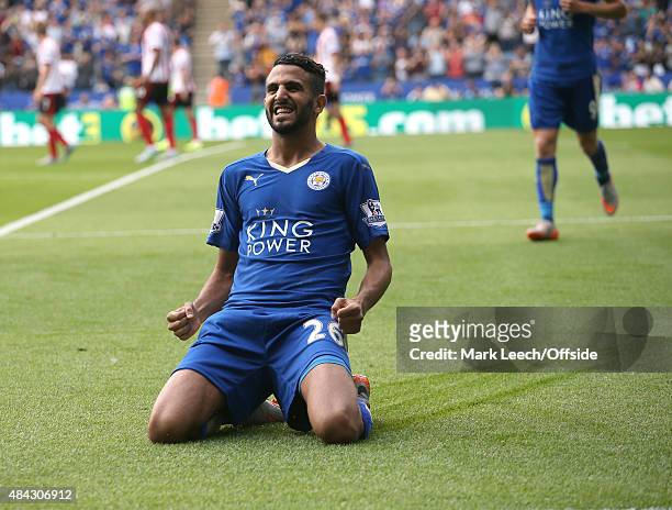 Riyad Mahrez of City celebrates his second goal during the Barclays Premier League match between Leicester City and Sunderland at The King Power...