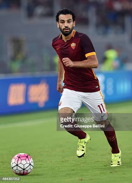 Mohamed Salah of AS Roma in action during the pre-season friendly match between AS Roma and Sevilla FC at Olimpico Stadium on August 14, 2015 in...