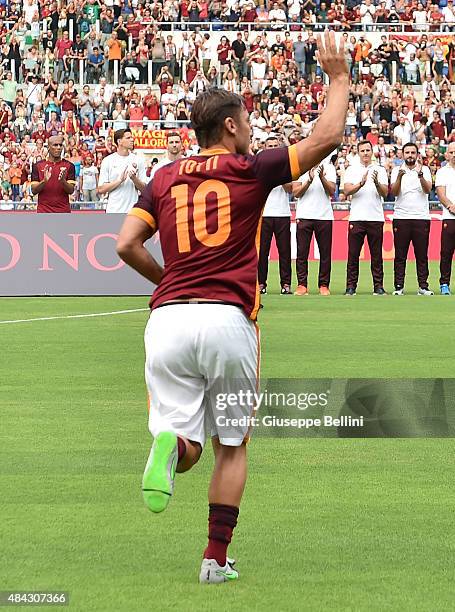 Francesco Totti of AS Roma before the pre-season friendly match between AS Roma and Sevilla FC at Olimpico Stadium on August 14, 2015 in Rome, Italy.