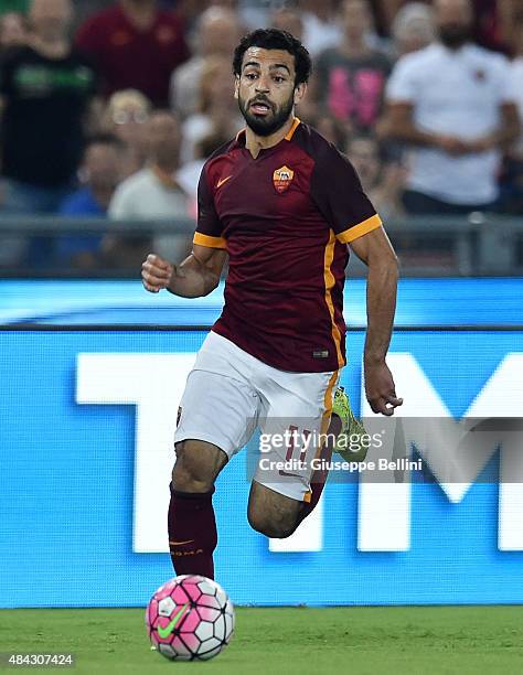 Mohamed Salah of AS Roma in action during the pre-season friendly match between AS Roma and Sevilla FC at Olimpico Stadium on August 14, 2015 in...