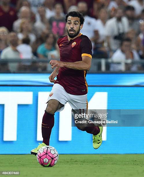 Mohamed Salah of AS Roma in action during the pre-season friendly match between AS Roma and Sevilla FC at Olimpico Stadium on August 14, 2015 in...