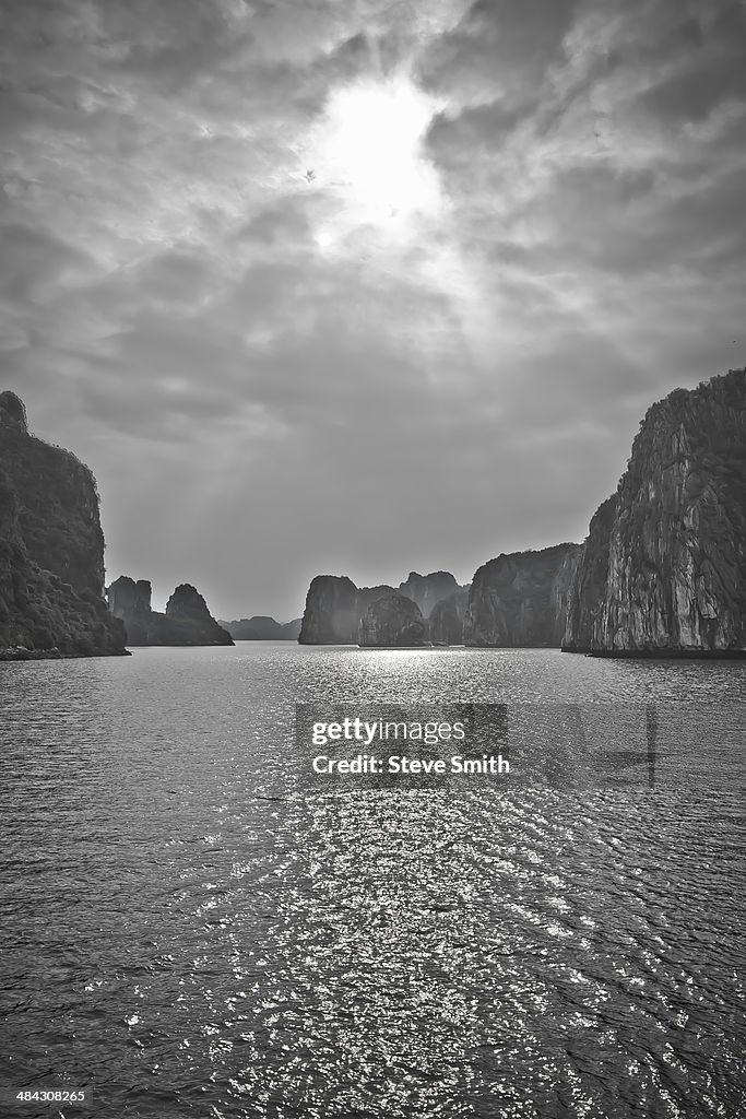 Monochrome Water and Sun in Halong Bay, Vietnam