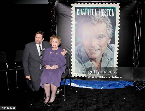 Fraser Heston and his mother Lydia Clarke attends the first-day-of-issue dedication ceremony for the Charlton Heston Forever Stamp at TCL Chinese...