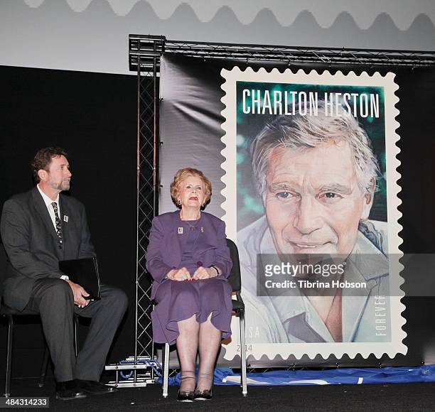 Fraser Heston and his mother Lydia Clarke attends the first-day-of-issue dedication ceremony for the Charlton Heston Forever Stamp at TCL Chinese...
