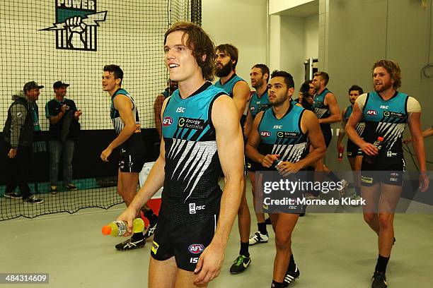 Jared Polec of the Power celebrates in the changerooms after during the round 4 AFL game between Port Adelaide and the Brisbane Lions at Adelaide...