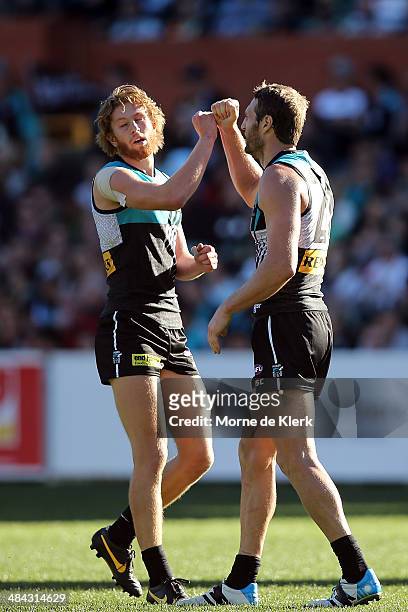 Jay Schulz of the Power celebrates after kicking a goal during the round 4 AFL game between Port Adelaide and the Brisbane Lions at Adelaide Oval on...
