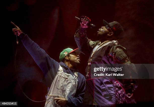 Andre 3000 and Big Boi of Outkast perform onstage during day 1 of the 2014 Coachella Valley Music & Arts Festival at the Empire Polo Club on April...