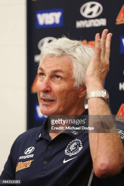 Blues coach Michael Malthouse speaks to the media at his post match media session after the round four AFL match between the Carlton Blues and the...