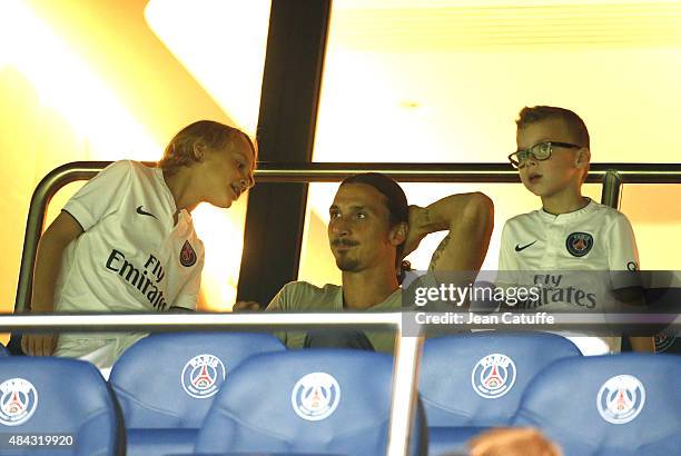 Zlatan Ibrahimovic of PSG and his sons Maximilian Ibrahimovic and Vincent Ibrahimovic attend the French Ligue 1 match between Paris Saint-Germain FC...