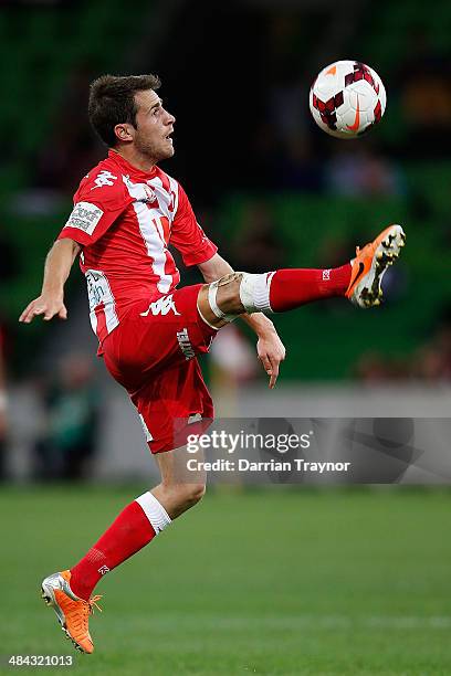 Mate Dugandzic of the Heart controlls the ball during the round 27 A-League match between Melbourne Heart and the Western Sydney Wanderers at AAMI...