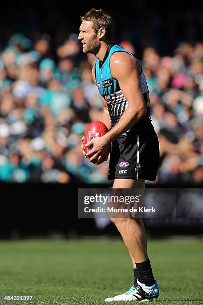 Jay Schulz of the Power lines up a kick at goal during the round 4 AFL game between Port Adelaide and the Brisbane Lions at Adelaide Oval on April...