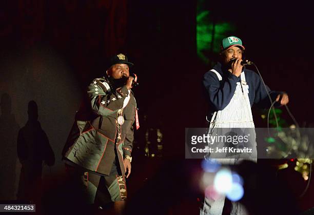 Big Boi and Andre 3000 of Outkast perform onstage during day 1 of the 2014 Coachella Valley Music & Arts Festival at the Empire Polo Club on April...