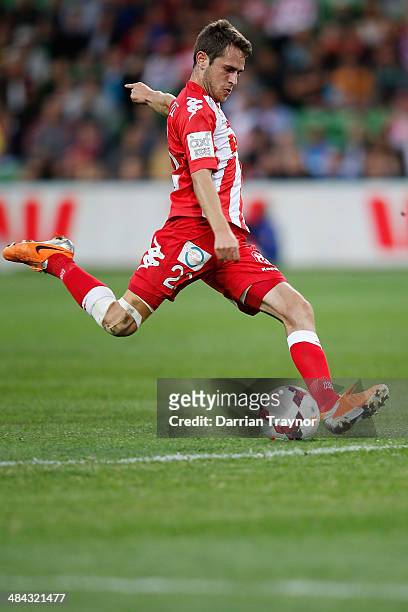 Mate Dugandzic of the Heart kicks the ball during the round 27 A-League match between Melbourne Heart and the Western Sydney Wanderers at AAMI Park...
