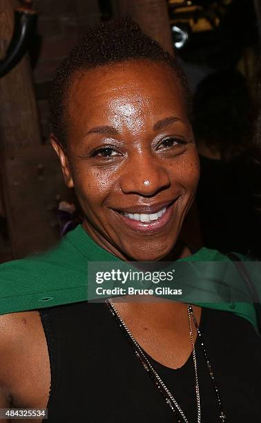 Marianne Jean Baptiste poses backstage at the hit musical "Hamilton" on Broadway at The Richard Rogers Theater on August 16, 2015 in New York City.