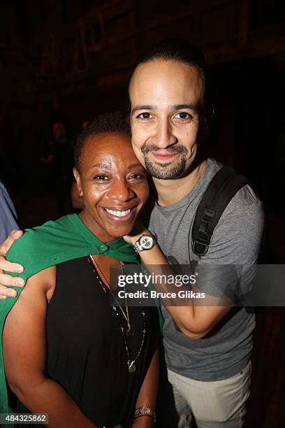 Marianne Jean Baptiste and Lin Manuel Miranda pose backstage at the hit musical "Hamilton" on Broadway at The Richard Rogers Theater on August 16,...