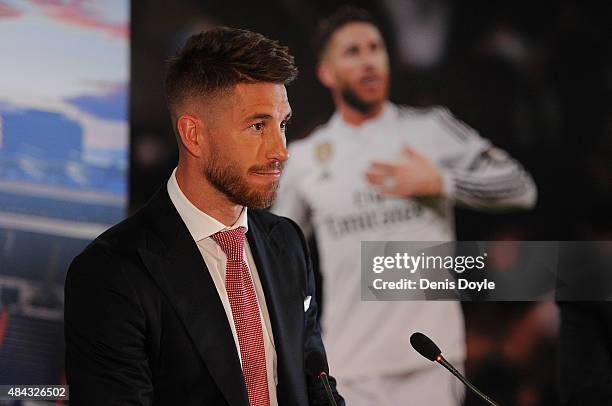 Sergio Ramos of Real Madrid holds a press conference to announce his new five-year contract with Real Madrid at the Santiago Bernabeu stadium on...