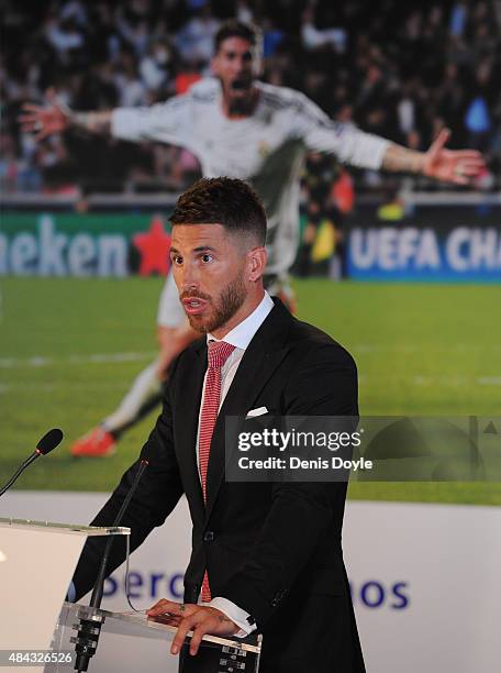 Sergio Ramos of Real Madrid holds a press conference to announce his new five-year contract with Real Madrid at the Santiago Bernabeu stadium on...