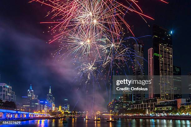 fireworks downtown melbourne, australia - melbourne festival stock pictures, royalty-free photos & images