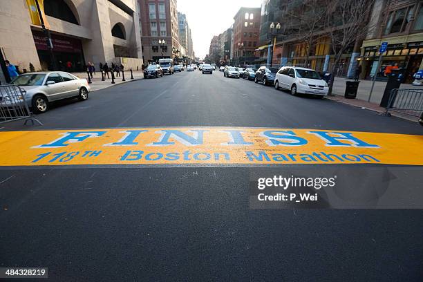 boston marathon finish line boylston street - boston marathon finish stock pictures, royalty-free photos & images