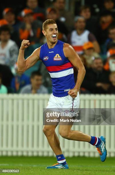 Liam Jones of the Bulldogs celebrates kicking a goal during the round four AFL match between the Greater Western Sydney Giants and the Western...