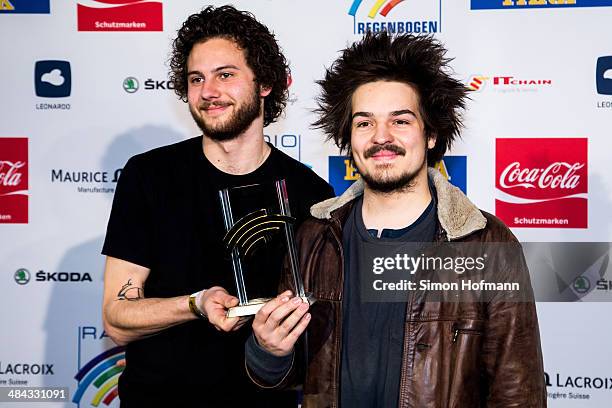 Clemens Rehbein und Philipp Dausch of Band Milky Chance pose with their award prior to the Radio Regenbogen Award 2014 on April 11, 2014 in Rust,...