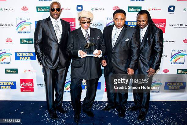 Earth, Wind & Fire Experience feat. The Al McKay Allstars pose with their award prior to the Radio Regenbogen Award 2014 on April 11, 2014 in Rust,...