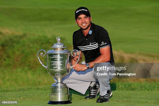 Jason Day of Australia poses with the Wanamaker Trophy after winning the 2015 PGA Championship with a score of 20-under par at Whistling Straits on...