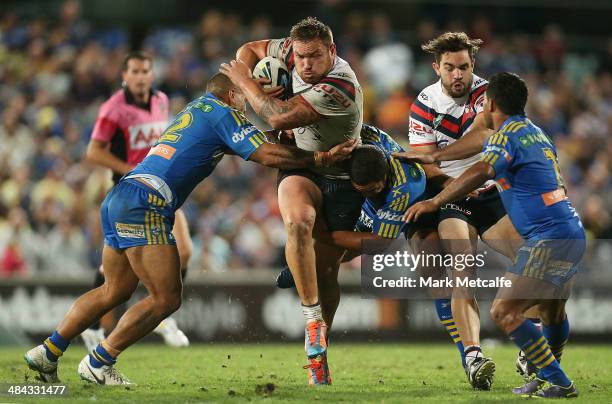 Jared Waerea-Hargreaves of the Roosters is tackled during the round 6 NRL match between the Parramatta Eels and the Sydney Roosters at Pirtek Stadium...