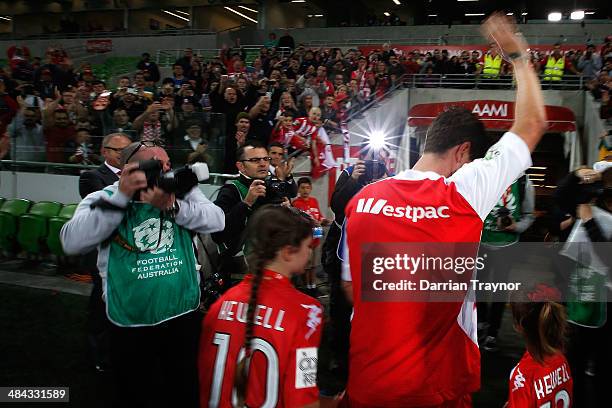 Harry Kewell acknowledges the fans in his fianl professional match after the round 27 A-League match between Melbourne Heart and the Western Sydney...