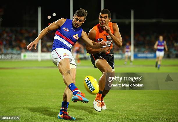 Daniel Giansiracusa of the Bulldogs in action during the round four AFL match between the Greater Western Sydney Giants and the Western Bulldogs at...