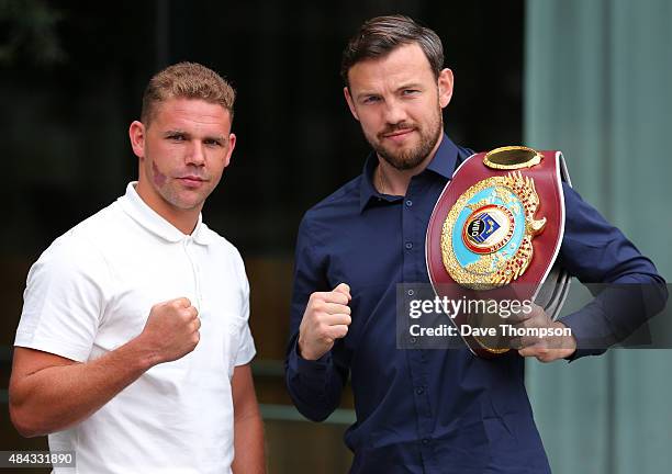 Billy Joe Saunders of England and Andy Lee of Ireland pose after attending a press conference at the Manchester Hilton Hotel on August 17, 2015 in...