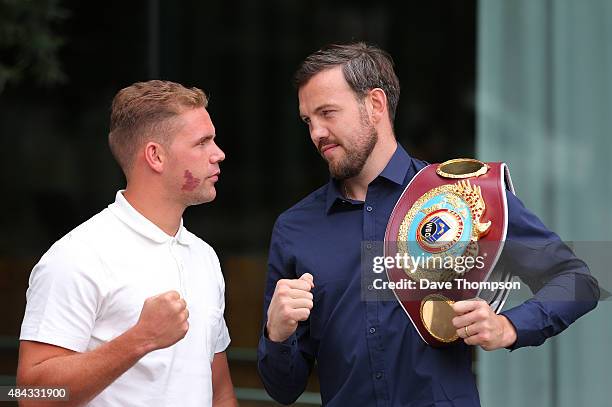 Billy Joe Saunders of England and Andy Lee of Ireland pose after attending a press conference at the Manchester Hilton Hotel on August 17, 2015 in...