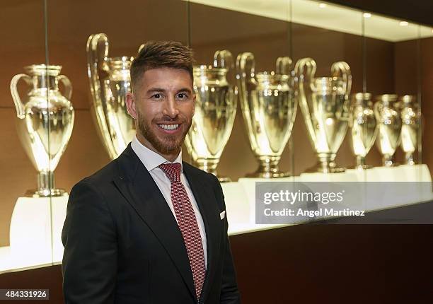 Sergio Ramos of Real Madrid poses after signs his new five-year contract at the Santiago Bernabeu stadium on August 17, 2015 in Madrid, Spain.