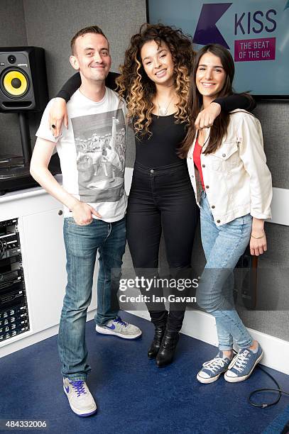 Ella Eyre visits Michael and Andrea of Live@KISS at Kiss FM Studio's on August 17, 2015 in London, England.