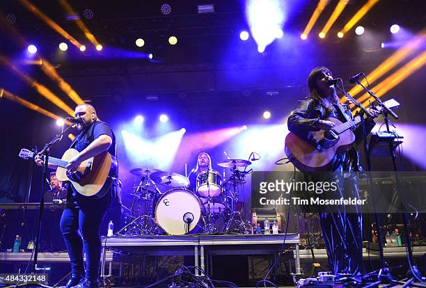 Ragnar Porhallsson and Nanna Bryndis Hilmarsdottir with Of Monsters and Men perform during 94.7's 20th Birthday Bash at Oregon Museum of Science and...