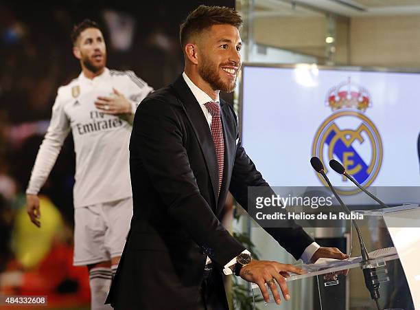 Sergio Ramos of Real Madrid speaks during a press conference to announce Ramos' new five-year contract with Real Madrid at the Santiago Bernabeu...