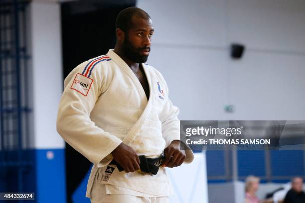 Olympic and seven-time heavyweight judo world champion Teddy Riner takes part in a training session at the French National Institute of Sport and...