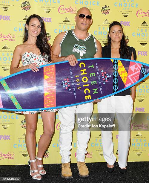 Actors Jordana Brewster, Vin Diesel and Michelle Rodriguez pose in the press room at the Teen Choice Awards 2015 at Galen Center on August 16, 2015...