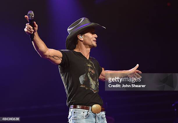 Musician Tim McGraw performs on the "Shotgun Rider" tour at Bridgestone Arena on August 15, 2015 in Nashville, Tennessee.