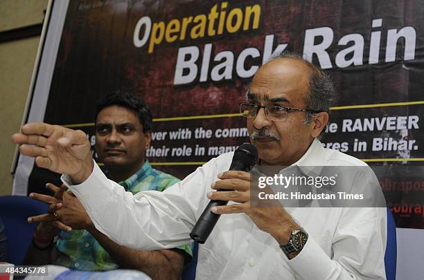 Indian lawyer, activist and politician Prashant Bhushan with Aniruddha Bahal, founder and editor-in-chief of Cobrapost.com and social worker Ramesh...