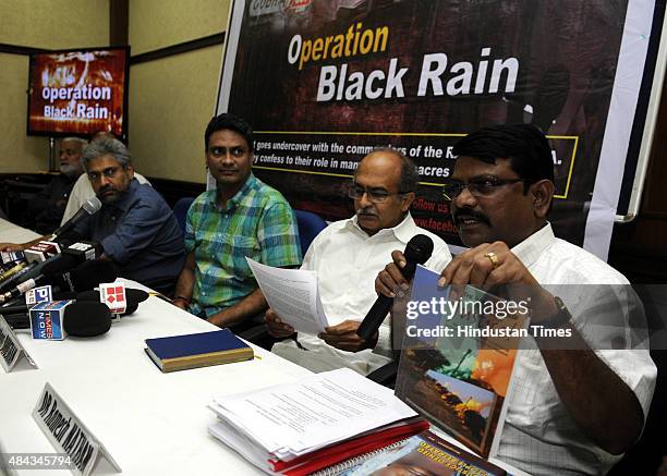 Indian lawyer, activist and politician Prashant Bhushan with Aniruddha Bahal, founder and editor-in-chief of Cobrapost.com and social worker Ramesh...