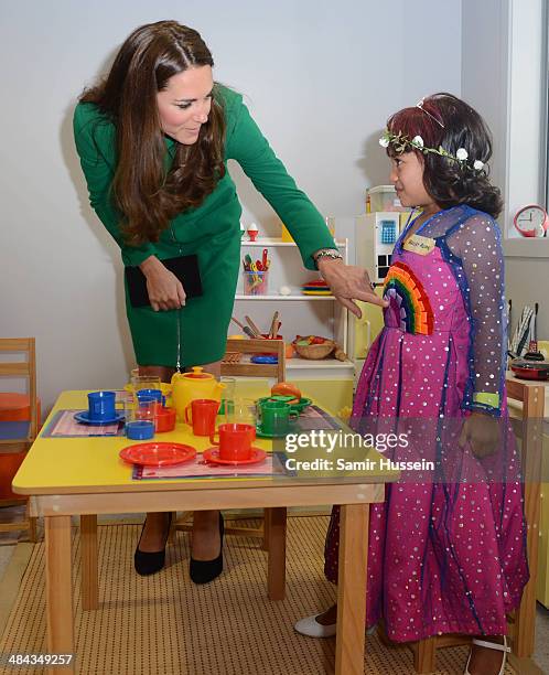 Catherine, Duchess of Cambridge meets children as visits Rainbow Place Children's Hospice on April 12, 2014 in Hamilton, New Zealand. The Duke and...