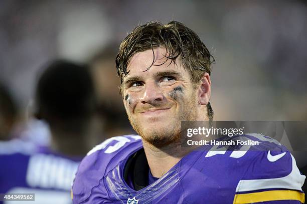 Michael Mauti of the Minnesota Vikings looks on during the preseason game against the Tampa Bay Buccaneers on August 15, 2015 at TCF Bank Stadium in...