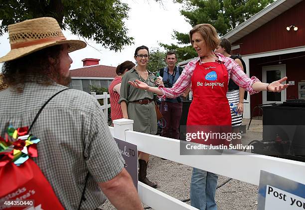 Republican presidential candidate Carly Fiorina greets fairgoers at the Iowa Pork Producers Pork Tent during the Iowa State Fair on August 17, 2015...