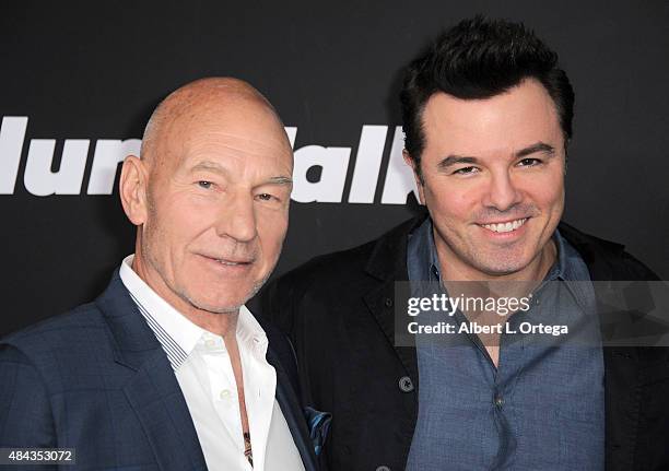 Actor Patrick Stewart and Executive producer Seth Macfarlane arrive for the Premiere Of STARZ "Blunt Talk" held at DGA Theater on August 10, 2015 in...